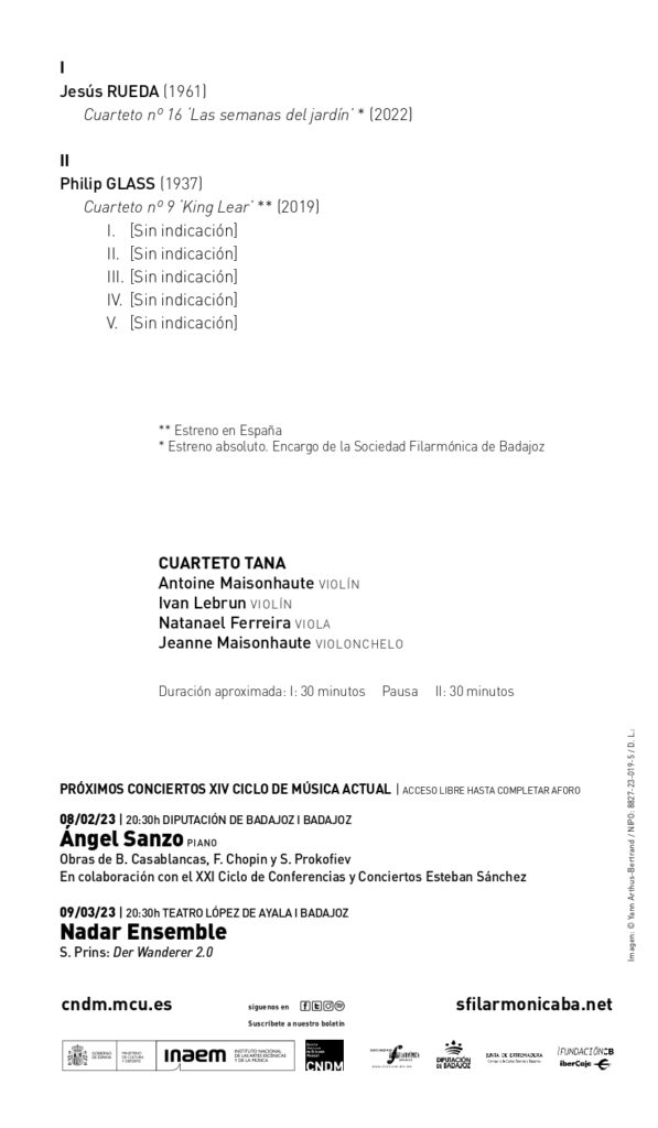 Programa del Cuarteto Tana en el XIV Ciclo de Música Actual de Badajoz .